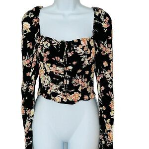 Free People Milkmaid Coquette Blouse XS Black Floral Smocked Cropped